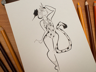 Inktober #24 beauty black and white crown fantasy girl illustration inktober leopard pinup queen spots tail