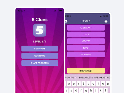 5 Clues - Word Quiz Game App Design