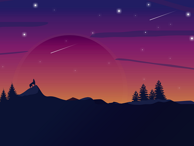 A wolf and a nightsky design illustration landscape landscape illustration mountain mountain landscape night