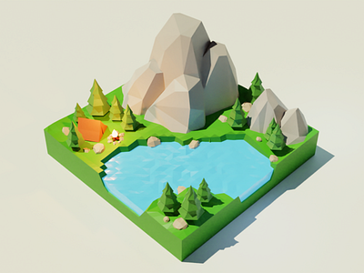 Campsite 3d illustration campfire campsite lake low poly mountains trees