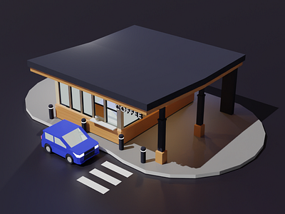 Coffee shop 3d illustration coffee hatchback low poly night shop