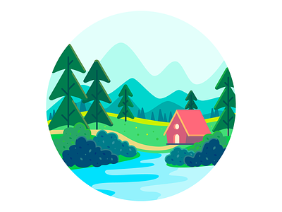 Cabin by lake bushes cabin illustration lake mountains trees vector walkway water