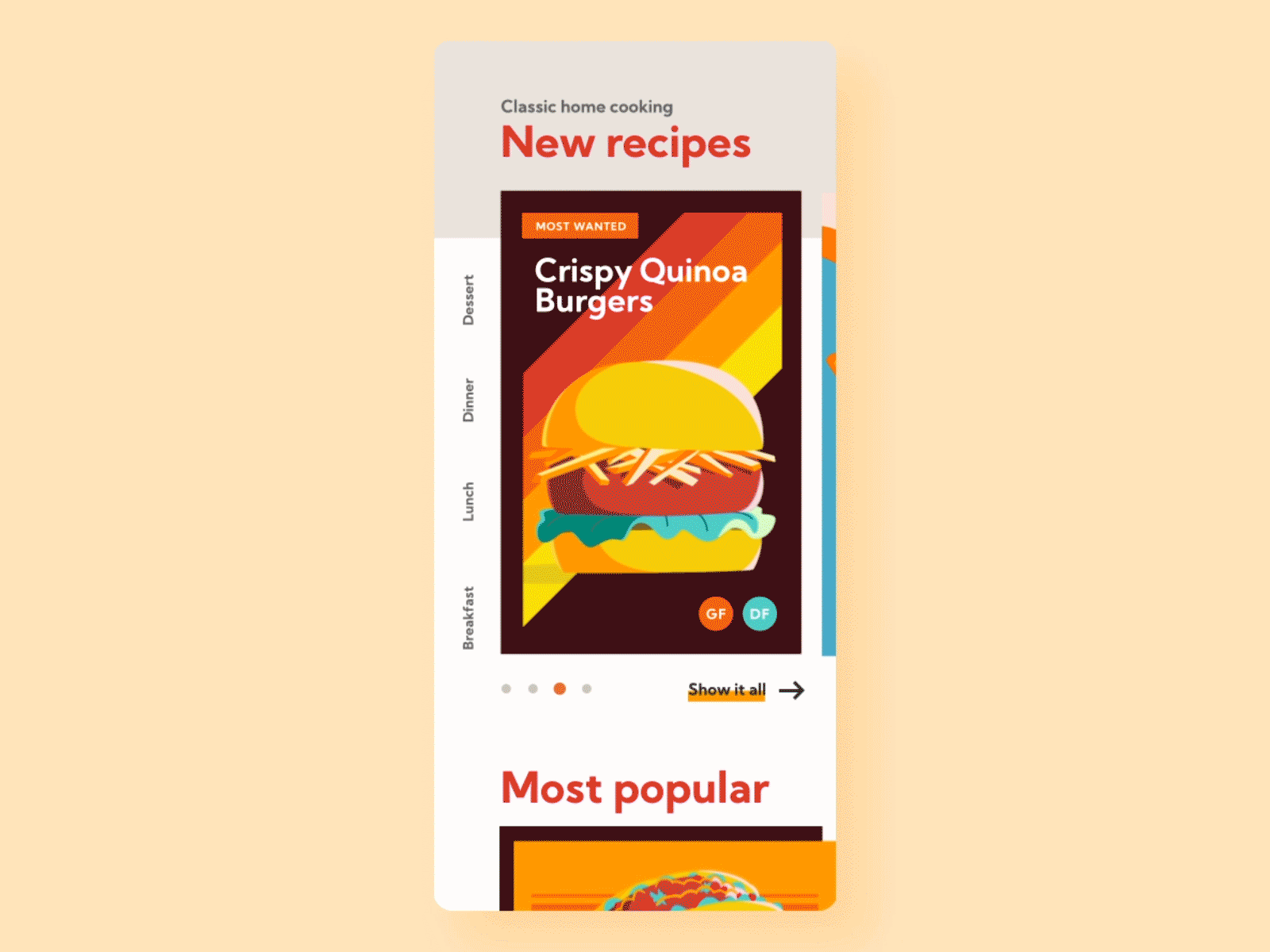 Daily UI 40 - Recipe app burger categories challenge daily ui illustration ingredients ramen recipe recipe app retro taco vector
