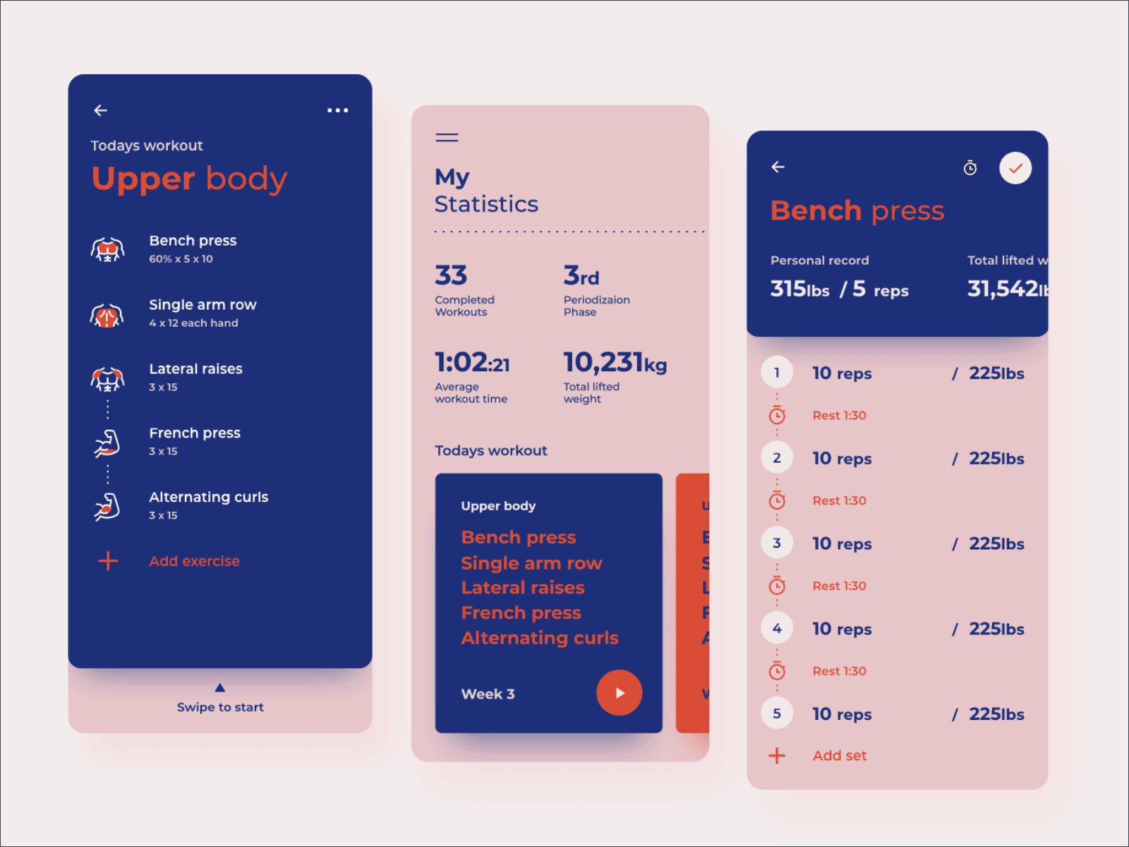 Daily UI 41 - Workout tracker blue dailyui fitness app mobile app orange pink reps sets stats workout workout tracker