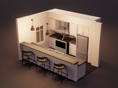 Kitchen 3d blender diorama fridge kitchen low poly stove