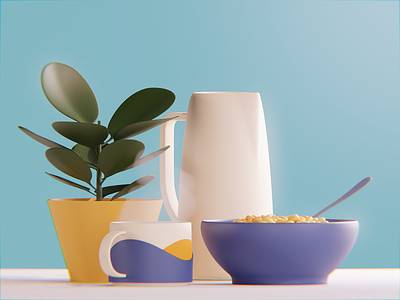 Breakfast 3d blender bowl cereal coffee compositing jug lighting milk mug plant