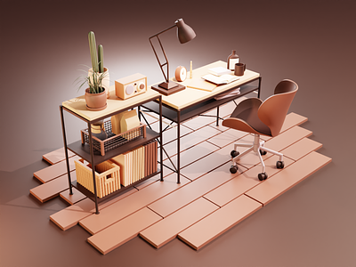 Office 3d books cactus chair clock coffee desk flooring greenery lamp low poly office pots radio space