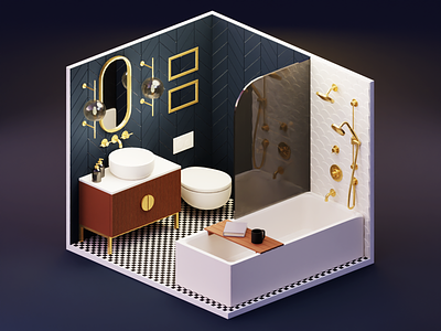Washroom 3d bathtub blender diorama illustration render sconce shower vanity washroom