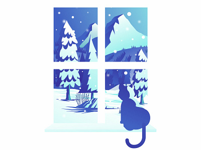 Kitty Snowfall blue cabin cat cat drawing illustration kitty moody mountains snow snow day trees wilderness window sill winter