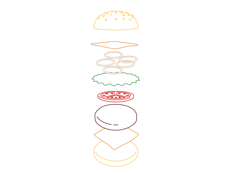 Burgersss aftereffects animation bun burger cheese hamburger layers lettuce onions patty tomato