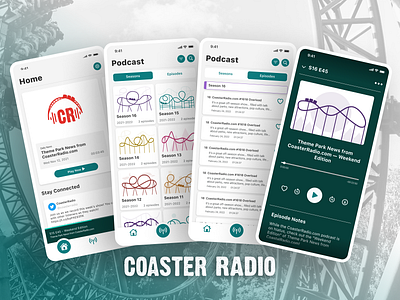 Coaster Radio app branding design design team episodes figma fun illustration ios logo mobile navigation podcast product design radio roller coaster seasons theme parks ui ux