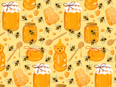 Honey Harvest animals beekeeping bees digital illustration digital painting honey honey bear honeycomb illustration procreate repeat pattern surface design surface pattern