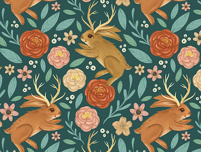 Jackalope Floral animals digital illustration digital painting floral illustration jackalope jackalopes mythical animals procreate repeat pattern surface design surface pattern