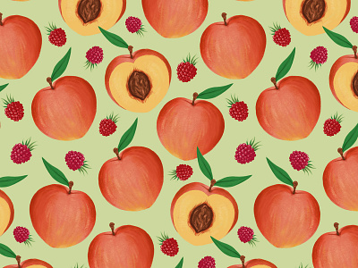 Peaches and Raspberries digital illustration digital painting food fruit illustration peach procreate raspberry repeat pattern surface design surface pattern