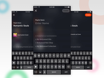 Create Playlist - Concept Design alert replacement gaana ios mobile music music app overlay playlist recommendations suggestions ui ux
