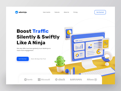 AdsNinja - Ads Agency SaaS Landing Page 3d animation 3d illustration 3d modelling 3d render ads agency animation blender design digital agency landing page saas saas 3d saas website ui web ui website