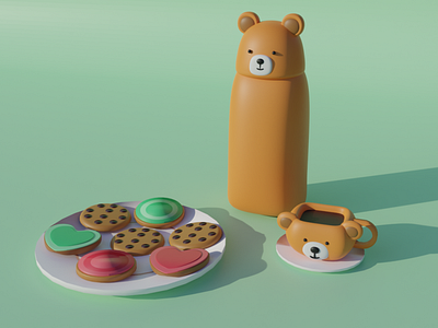 Cookies, bear coffee bottle and mug 3d b3d bear biscuit blender design digital art illustration render ui