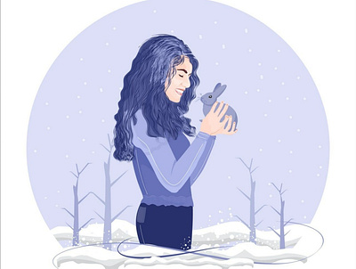 Girl with Rabbit in the snow design graphic design illustration vector vectorart