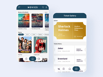 Movie Ticket App app design booking app dark blue golden movie app ticket app ui ui ux ui design