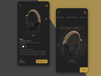 Headphones Store App Design app design app ui clean style dark dark mode designinspiration flat golden headphone interactive premium shopping ui uxui