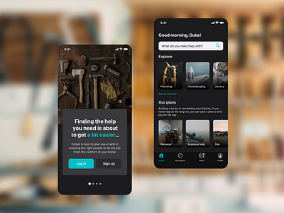 Ernest - Handyman finding app - Onboarding 1 & Dashboard app dailyui darkmode figma mobile mobiledesign ui