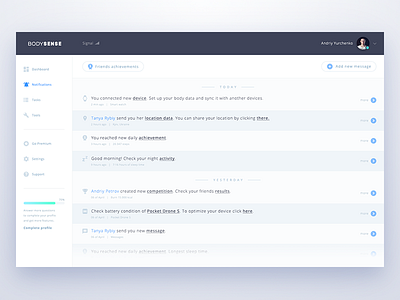 Body Sense Notifications activity body dashboard design fitness material notifications sense tracker ui ux web