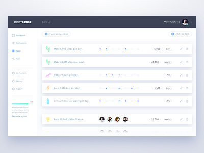 Body Sense Tasks activity competition dashboard interface manger material shadows simple task ui ux