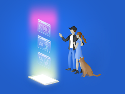 Choosing a Sales Package animal blend character couple customer dog hvac illustration ipad isometric light sales technology