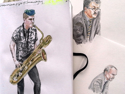 Sick saxophone player and witnesses analogue aquarell drawn handmade illustration moment paper portrait watercolor watercolour