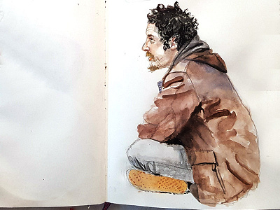 Homeless man in San Francisco analogue handmade illistration moment portrait watercolor
