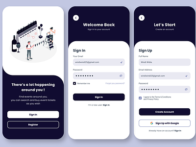 Sign In and Sign Up Mobile App - Event App event app event mobile app login ui login ui mobile app register mobile app register ui sign in mobile app sign in ui sign in ui mobile app sign up mobile app