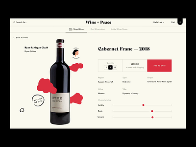 Wine + Peace™ · Wine Page animated animation art direction branding button ecommerce footer identity illustration immersive interactive interface product page quote shop shopping slider typography webdesign wine