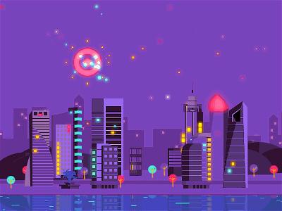City Night animated fireworks flat gif glow illustration loop motion