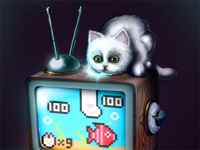 Retrocompatibility 8 bit aquarium cat fish icon kitten television tv videogame