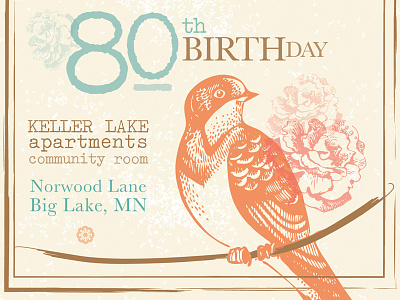 80th Birthday Invite bird bright flowers invite pastel summer typewriter