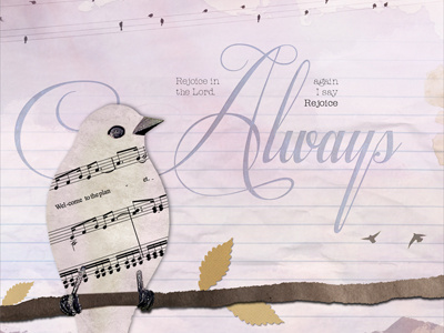 Always always art bird collage leaves music nature notebook nursery pink rejoice script song typewriter typography