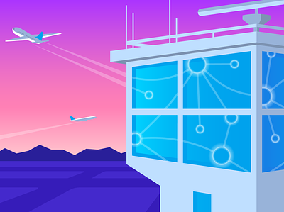 Windows for NPM Editorial Illustration airport datadog editorial flat hero illustration map metrics monitoring mountains network performance plane reflection runway sunset tech tower vector windows