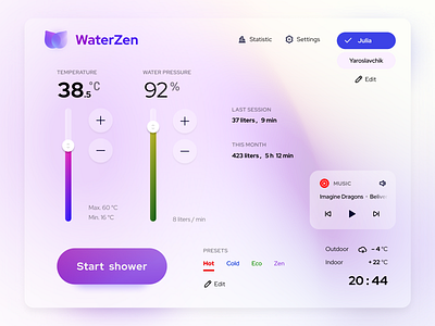 Smart Shower app app design clean concept gradient logo shower smart home smarthome touch screen ui violet