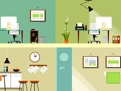 Workspace Illustrations books chair computer door eco lamp office station table work