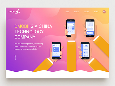 Landing Page - Dmobi advertising china content device gradient hands illustration landing page mobile phone search technology web design website yellow