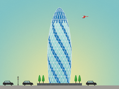 LONDON series, 9 of 14: Gherkin architecture buildings gherkin helicopter illustration lamps london skyscraper trees