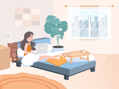 Illustration | Sprained Ankle bed bedroom design girl illustration illustrator plant room stay home teddy bear vector window