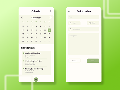 Calendar & Schedule App android app design app app design calendar design figma green inspiration ios ios app design mobile mobile app mobile app design schedule ui uidesign ux uxdesign