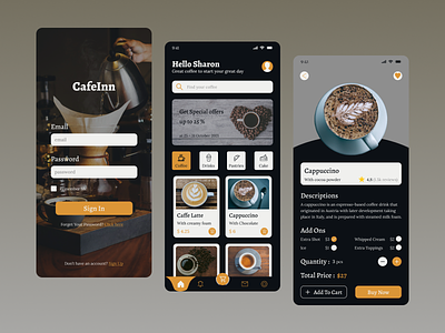 CafeInn - Coffee Shop Mobile App android app design app app design cafe coffee coffee shop design drink figma gray inspiration ios ios app design mobile mobile app mobile app design ui uidesign ux uxdesign