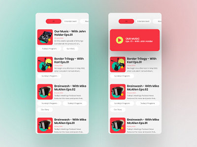 Podcast List UI app design flat minimal mobile music podcast red ui ux yellow