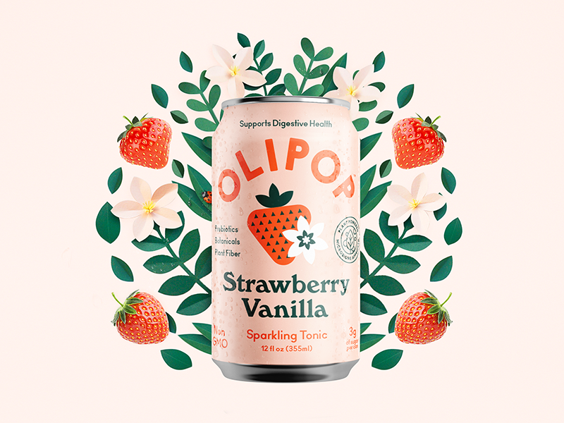 Olipoppin sparkling organic leaves strawberry branding packaging can