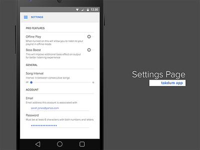 Settings Page for takdum - Idea 007 dailyui takdum ui ux
