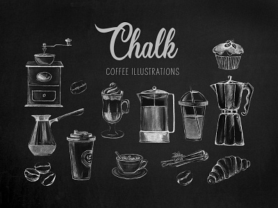 Chalk coffee illustrations. Set of chalk illustrations.
