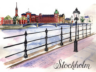 The city of Stockholm - watercolor illustration.