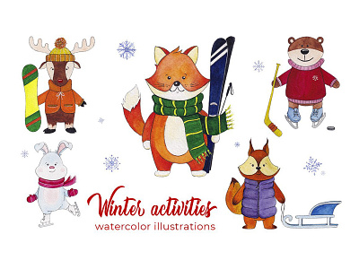 Winter activities watercolor set animal art hokey illustration skiing snowboarding sport sports watercolor winter